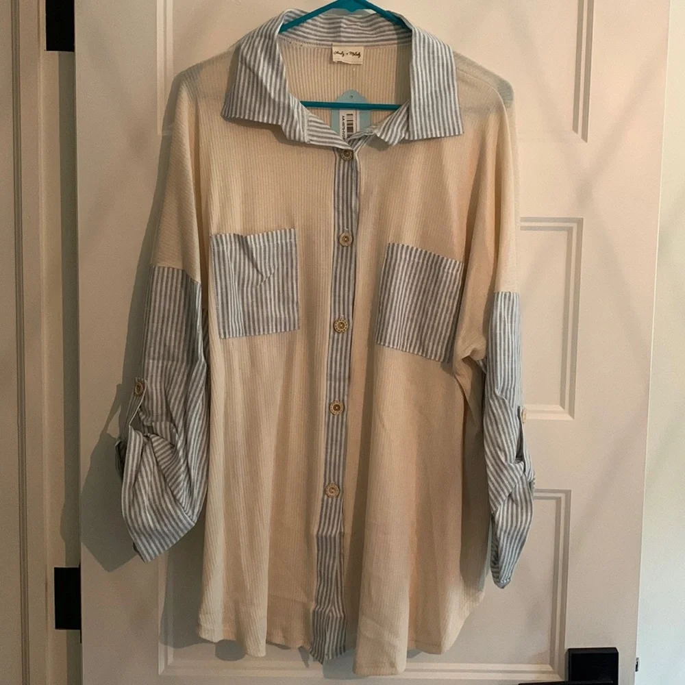 Ribbed Long Sleeve Shacket with Striped Detail - Ivory - Picture 4 of 9